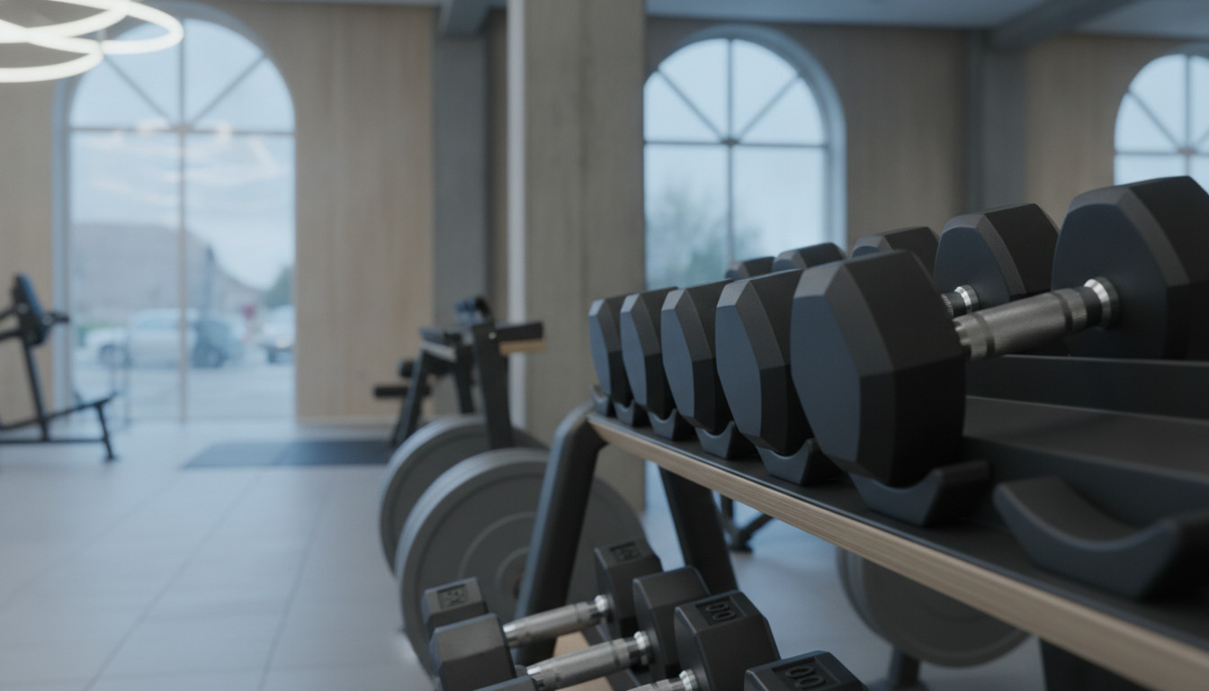 Nærbillede af sorte håndvægte og vægtplader stablet på et stativ i et moderne fitnesscenter.