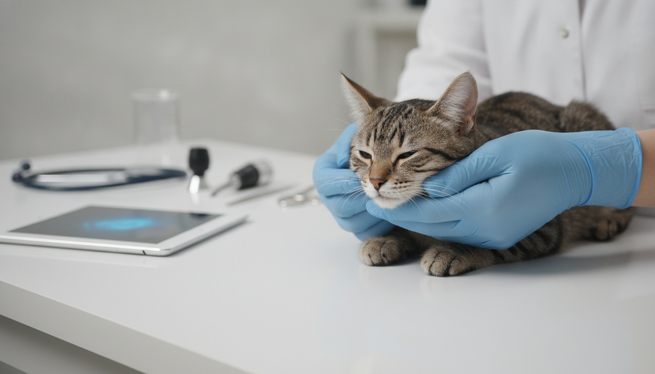 Dyrlæge i blå handsker undersøger en tabby-kat på klinikbord med stetoskop og tablet uskarpt i baggrunden.