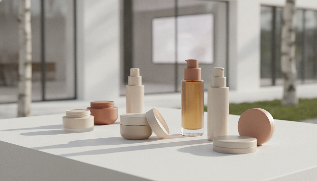 Luksuriøse kosmetik- og pleje-produkter arrangeret på hvid overflade i nordisk dagslys.