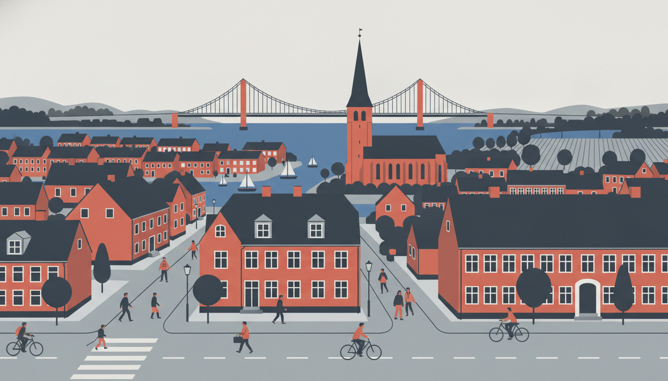 Flad vektorillustration af Middelfarts historiske havnekvarter med Sct. Nicolai kirkes høje spir, der dominerer skylinejen, røde mursten-byhuse, Lillebæltsbroen-broen, der spænder over strædet, og lokalbefolkningen, der går gennem charmerende gader.