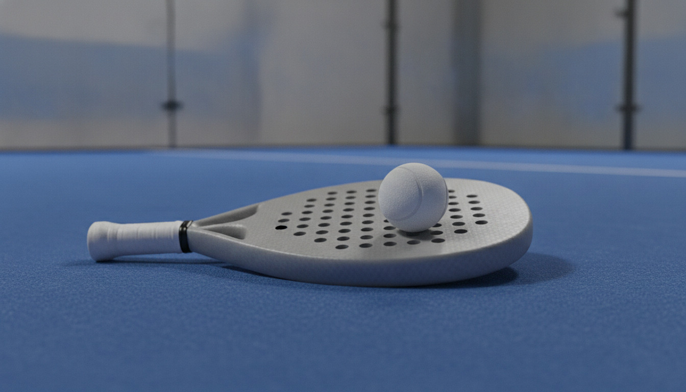 Padel-ketcher og bold på blå indendørs bane med moderne belysning.