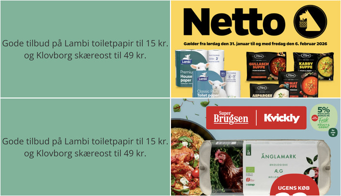 Gode tilbud på Lambi toiletpapir til 15 kr. og Klovborg skæreost til 49 kr.