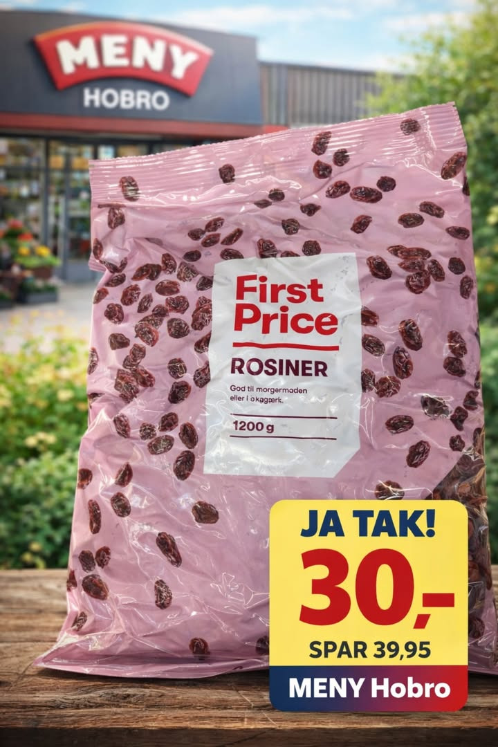 MENY Hobro sælger 1200 g rosiner til 30 kr.