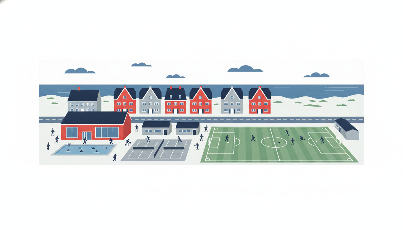 Blåvand sportskompleks: udendørs pool med badegæster, padel-baner, fodboldplads med spillere, kysthusmale, hav og klitter i baggrunden under skyet skandinavisk himmel.
