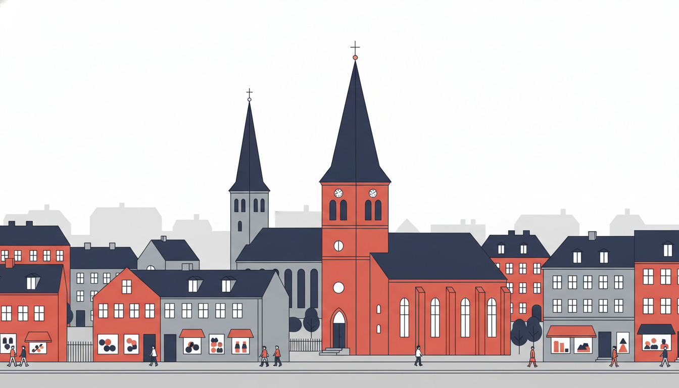 Flat-vektor illustration af Frederiksberg's to kirker i et bylandskab: en grå ottekantet Frederiksberg Kirke med høj spir (venstre-center) og en fremtrædende rødbrun Frederiksberg Slotskirke med pyramideformet klokketårn (center-højre), omgivet af periodens beboelsesbygninger, butikker og gående på en rolig gade.