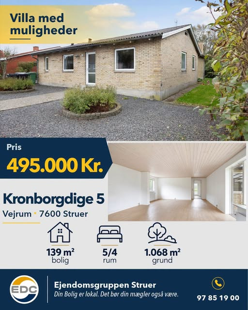 EDC Ejen­doms­grup­pen Struer udbyder 139 m² villa i Vejrumstad til 495.000 kr.