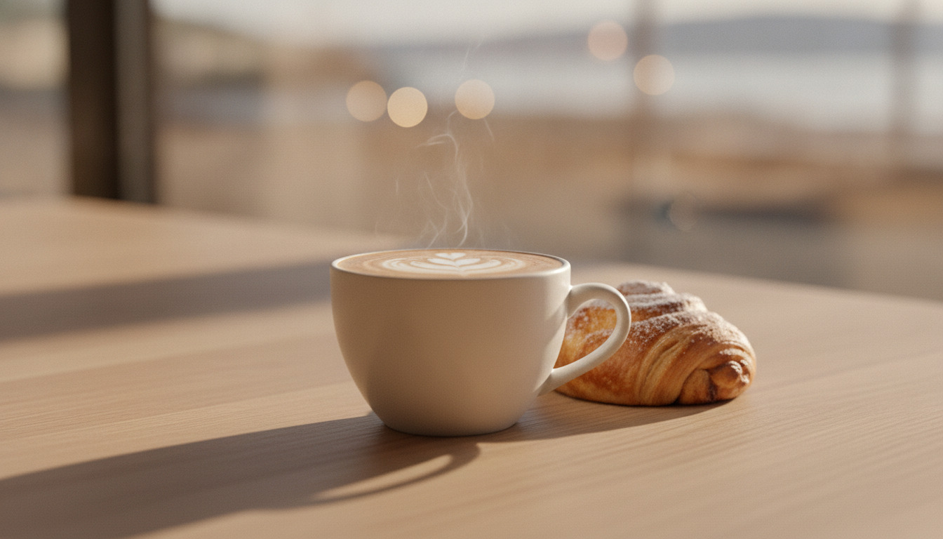 Dampende cappuccino med latteart og friskbagt croissant på træbord i naturligt lys.