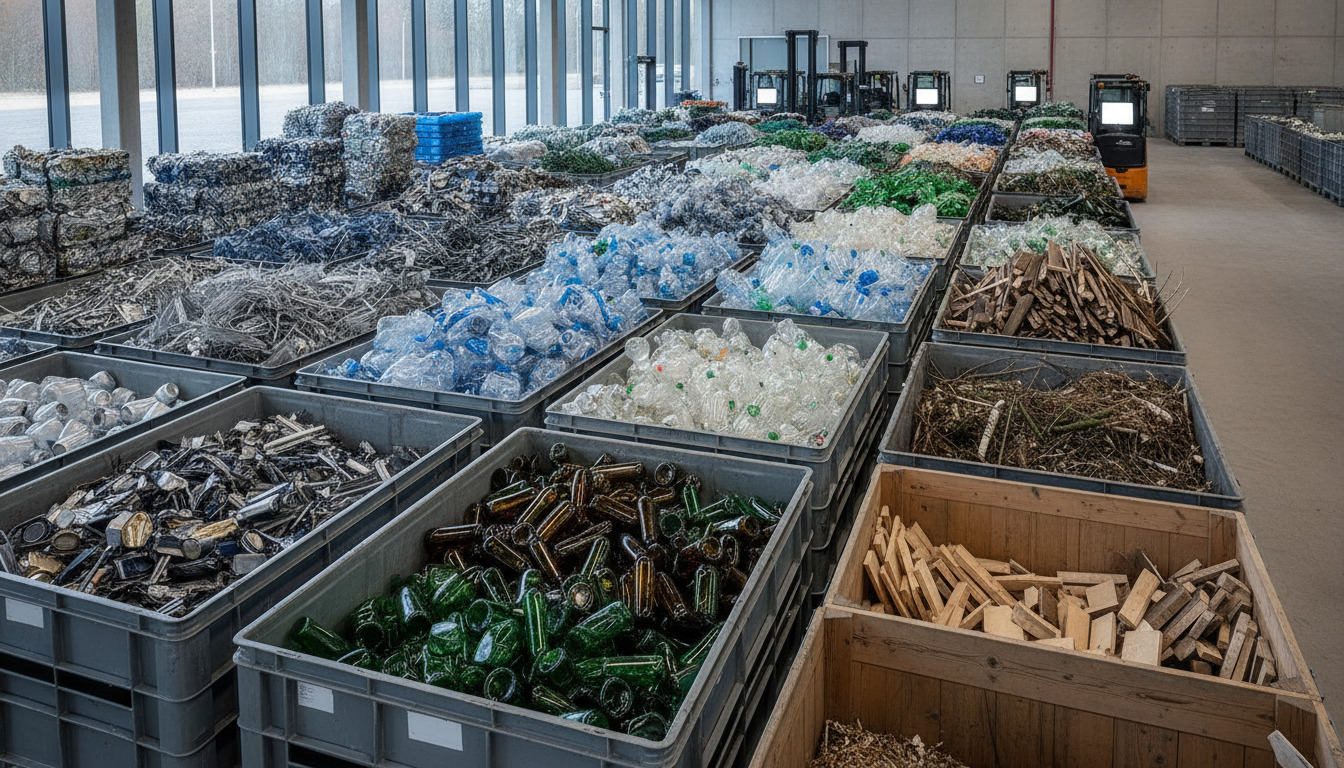 Sorteret genanvendelsesbins med metal, plastik, glas og træ adskilt i nærbillede.