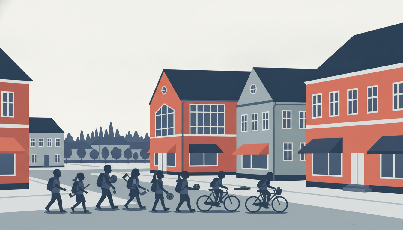 Skolebørn af forskellige aldre går og cykler sammen gennem en dansk bysquare med røde og grå skolebygninger med store vinduer i baggrunden.