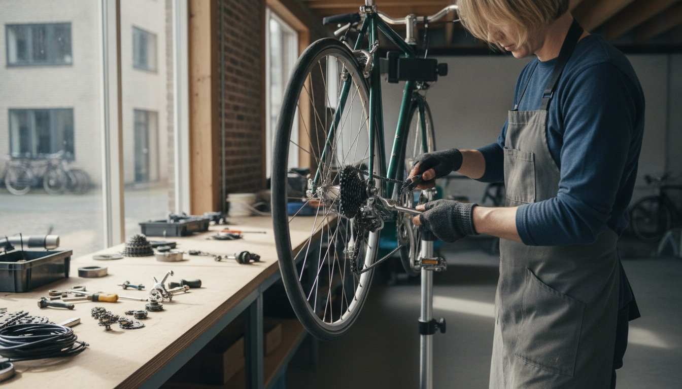 Mekanikerhænder reparerer cykelhjul med værktøj på arbejdsbænk i værksted.