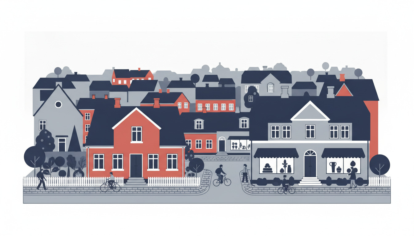 Charmant dansk kystkobstad-gade med traditionelle farvede villaer, stejle tage, haver og hegn; butiksfacader og beboere fanger det lokale boligpræg.