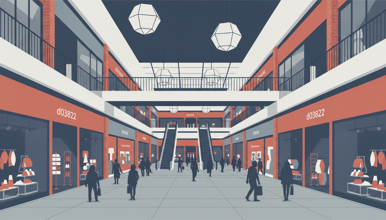 Indvendig shoppingmall med flere niveauer, butikker med orange facader, eskalator, moderne loftsbelysning og shoppeture.