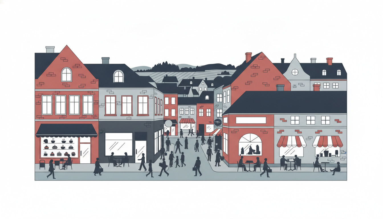 En livlig gadescene i Randers bycentrum med forskelligartede restauranter og caféer med rødt mursten og grå facader, cafevinduer med kager, markiser, udendørs siddepladser og travl fodgængeraktivitet.