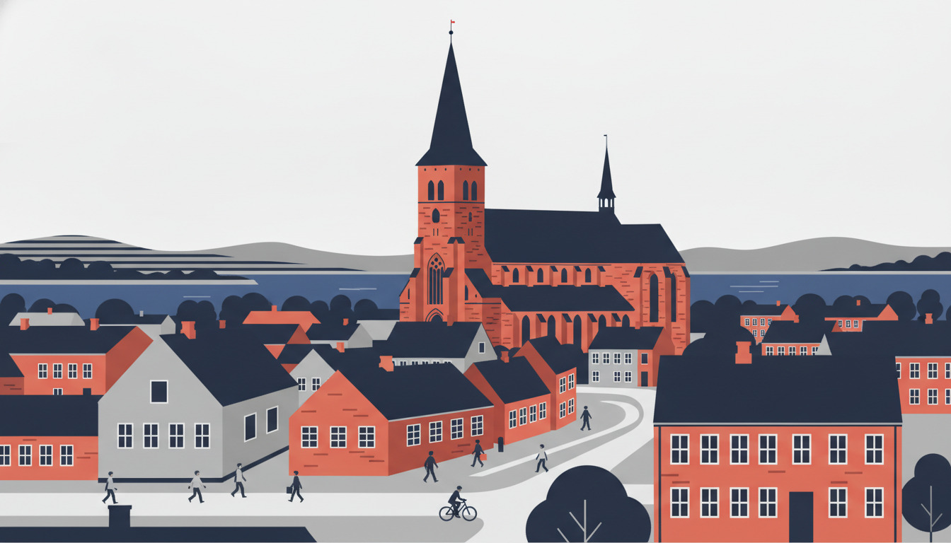 Maribo Domkirke, en rød gotisk kirke med høj spir, dominerer Maribo by ved søerne på Lolland. Farverige huse, gågående og cykelister fylder de rolige gader foran kirken under en åben himmel.