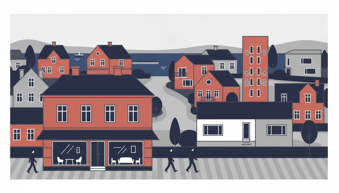 Fladvektor-illustration af kystbyen Hornbæk med ejendomsmæglers butik med udstillingsvinduerne i forgrunden, omgivet af nordiske villaer og sommerhuse i rødt mursten og flødefarve, med dansk arkitektonisk præg og beboelsesstreetscape.