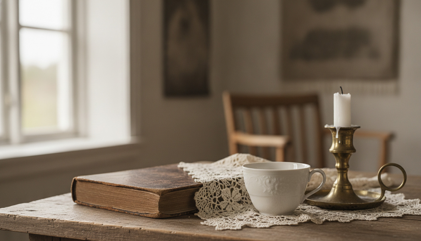 Tætbilde af antikvare husholdsartikler på træbord: porcelænskop, læderbound bog, blondetruskind og messingstage i dæmpet lys.