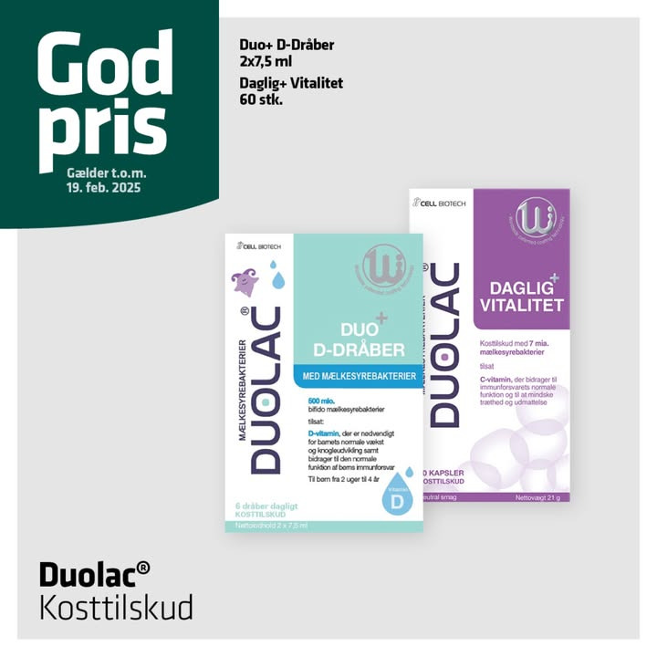 Vejlby Apotek præsenterer Duolac kosttilskud for hele familien med god pris indtil 19. februar