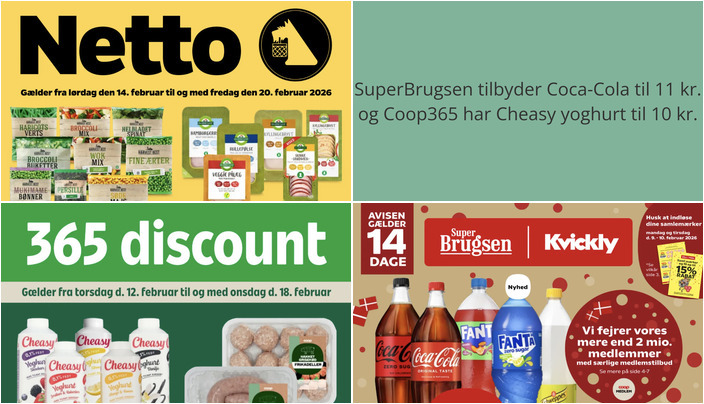 SuperBrugsen tilbyder Coca-Cola til 11 kr. og Coop365 har Cheasy yoghurt til 10 kr.