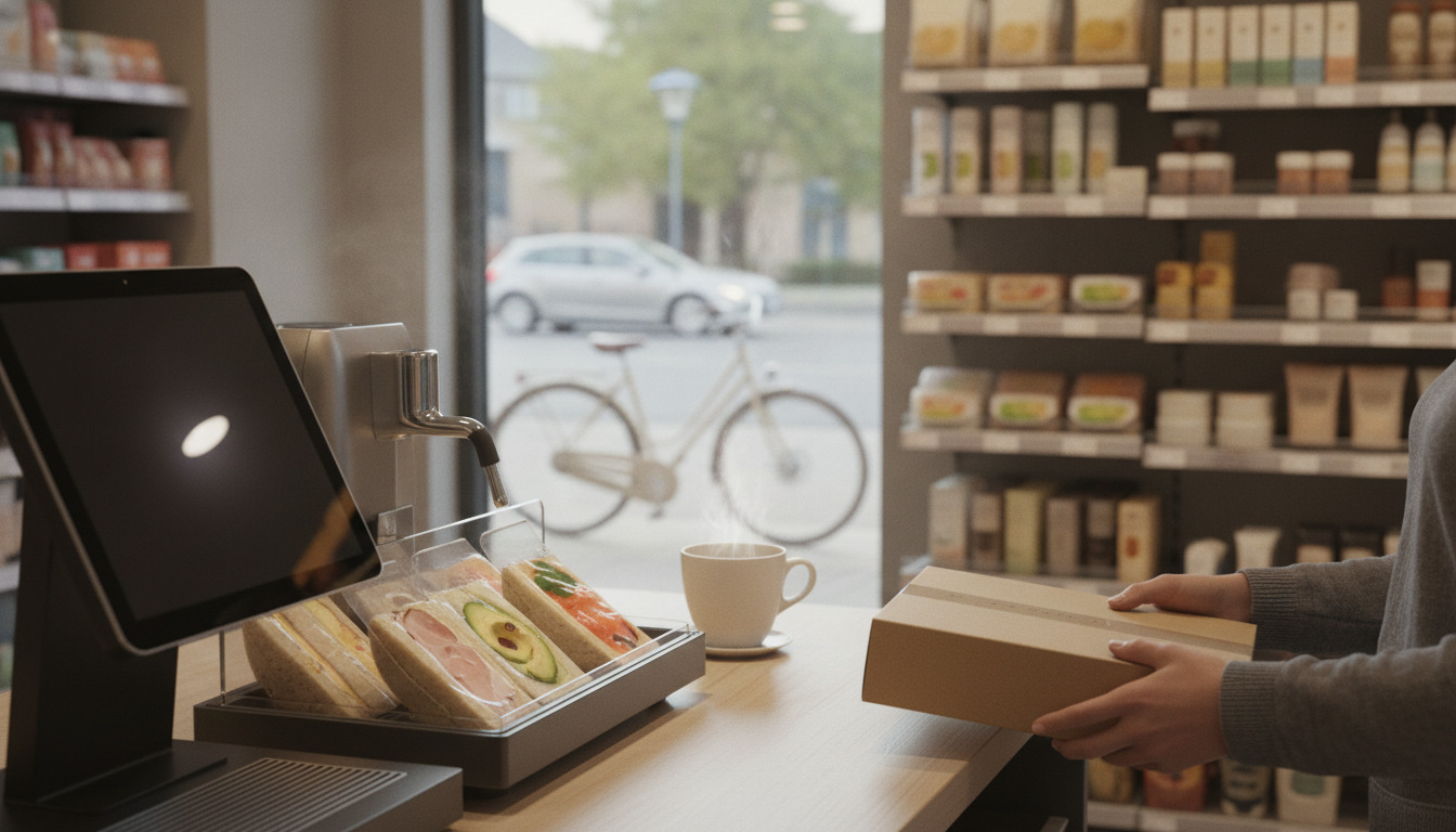 Tæt op på kasseaparat, kaffe og pakket sandwich på butikstheke med hænder i rammen.