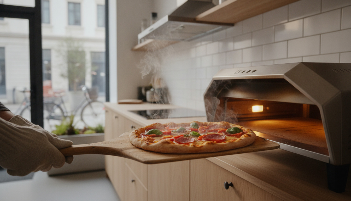 Nybagt pizza bliver trukket ud af ovn på træplade, dampende og fyldt med toppings, hænder i blødt fokus.