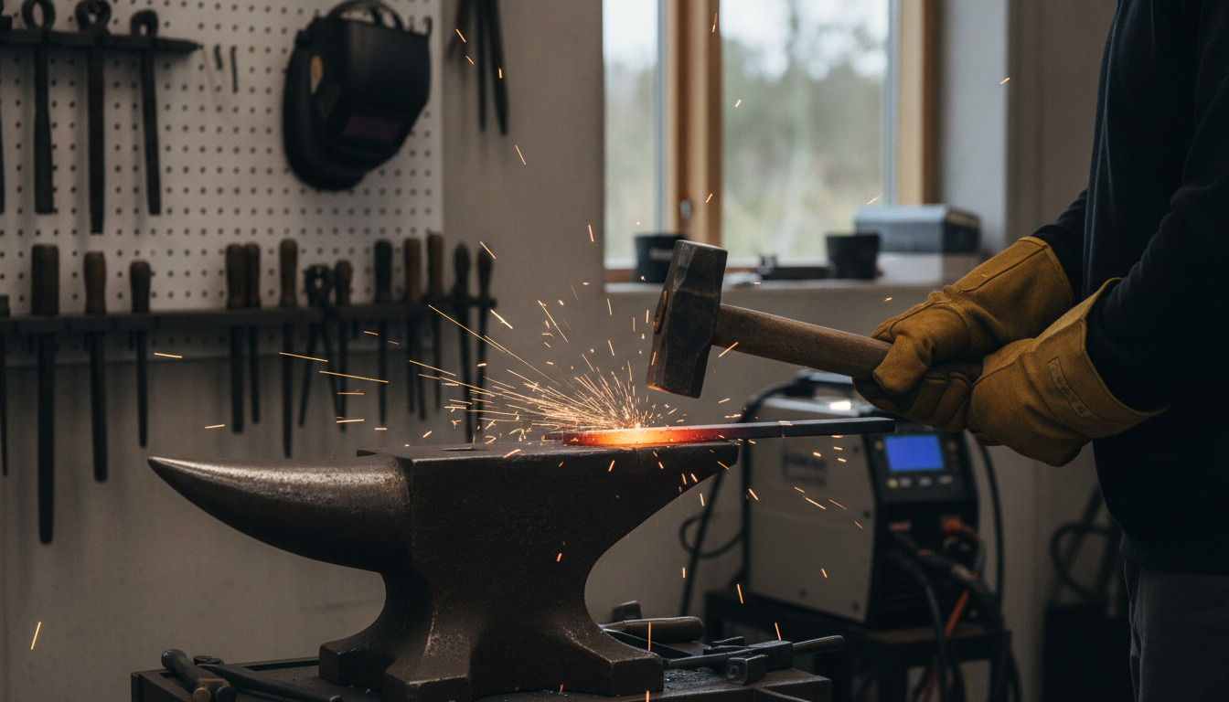 Gloende metal bliver formet med hammer på ambolt, gnister flyver, hænder i arbejdshandsker, traditionalværktøj synligt.