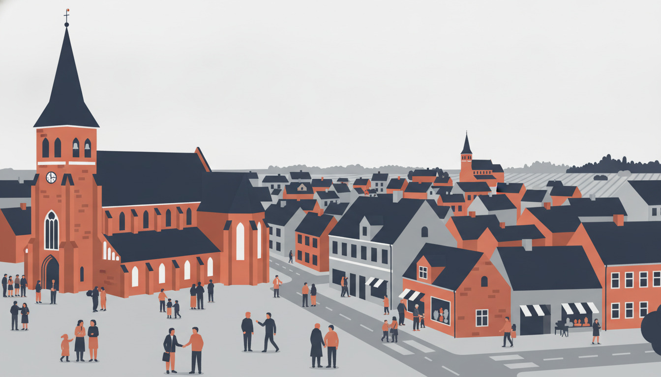 Maribo kirke dominerer et stiliseret torv med sin karakteristiske rød murstenfacade, høj spir med spids tag og gotiske buede vinduer. Indbyggere samles på pladsen.