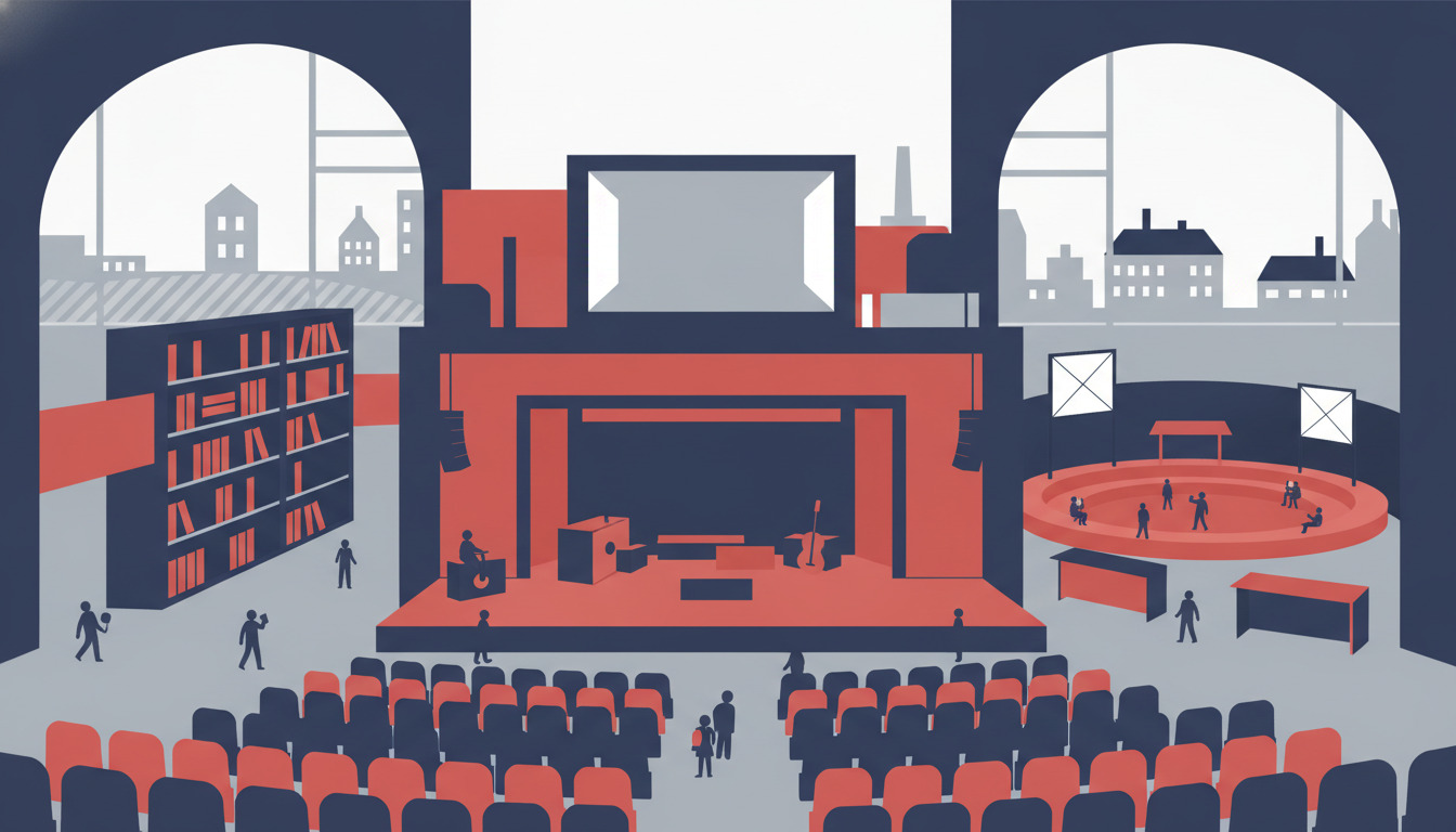 Farverig kulturcenter med teaterscene, røde stole, tilskuerplads, orkestergruppe, bogsamling og rundel med mennesker – Albertslunds kulturelle hub.