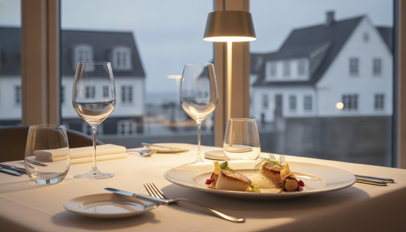 Elegant hotel-diner med fine glas, bestik og en dekorativ ret set under varmt lys ved et vindue.