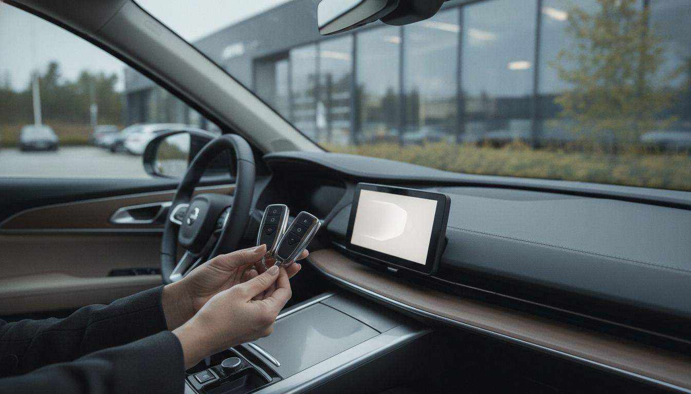 Hånd holder moderne bilnøgler inde i en generisk bilindvendig. Neutral og professionel automotive-setting.