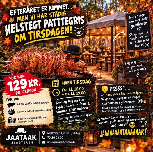 Jaataak Slagteren tilbyder all you can eat med helstegt pattegris til 129 kr. hver tirsdag