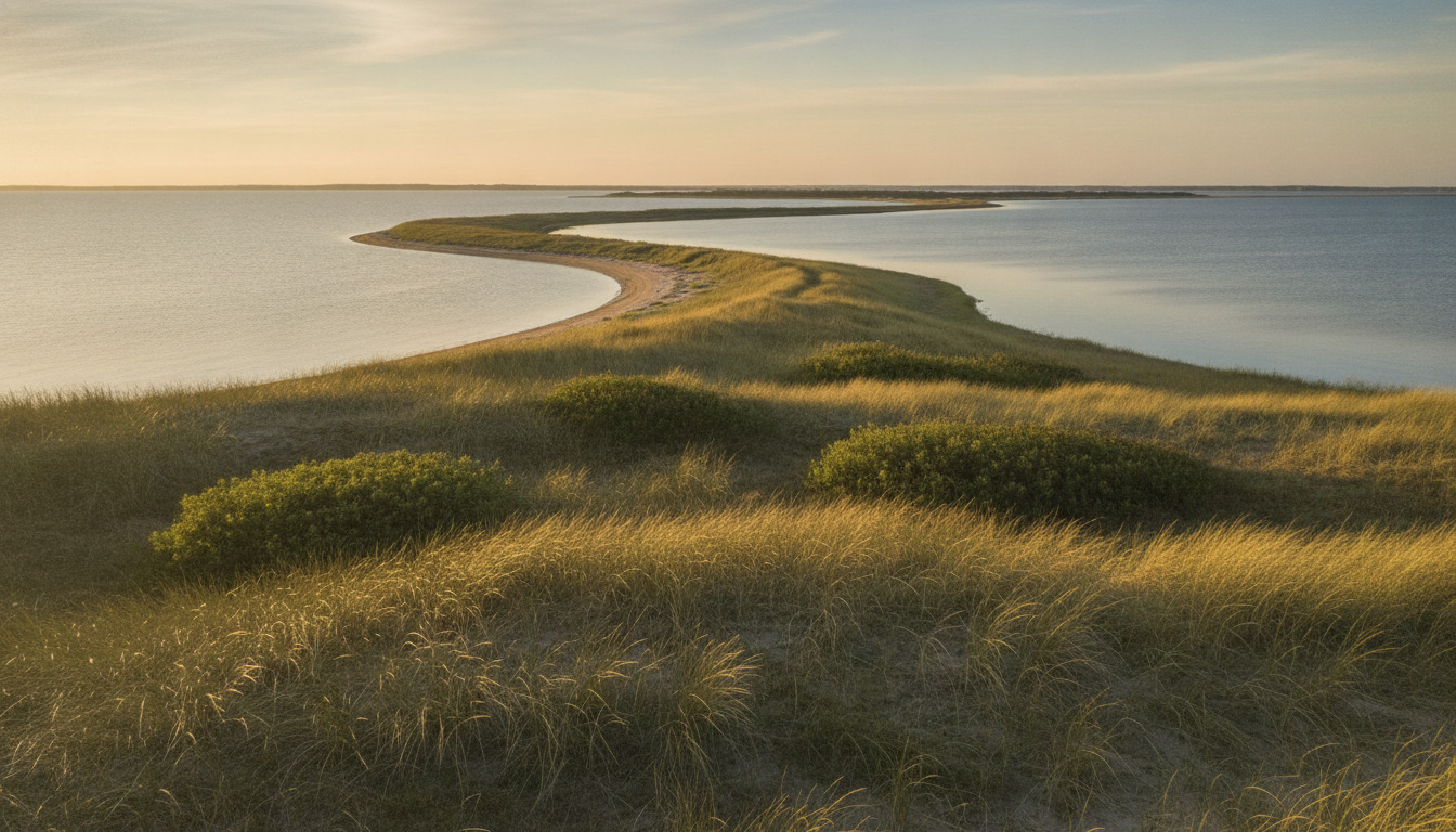Kystlandskab med gul græs, lavtvoksende vegetation og stille vand i nordisk lys.