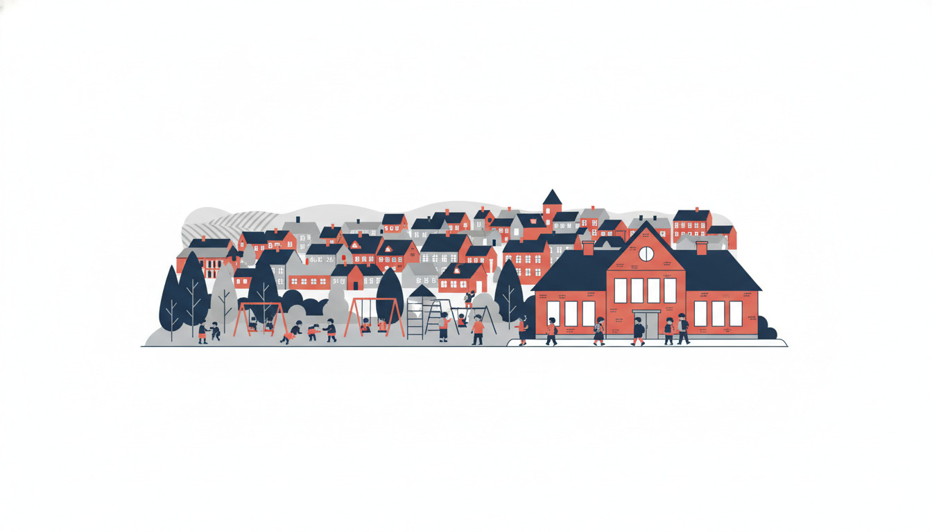 Fladvektorillustration af en dansk bys uddannelsesscene: børn leger i en skovhave børnehave i forgrunden; en rødbygget skolebygning med store vinduer og spidstag står fremtrædende i midten; Galtens karakteristiske tage og fællesskabsatmosfære strækker sig hen over baggrunden.
