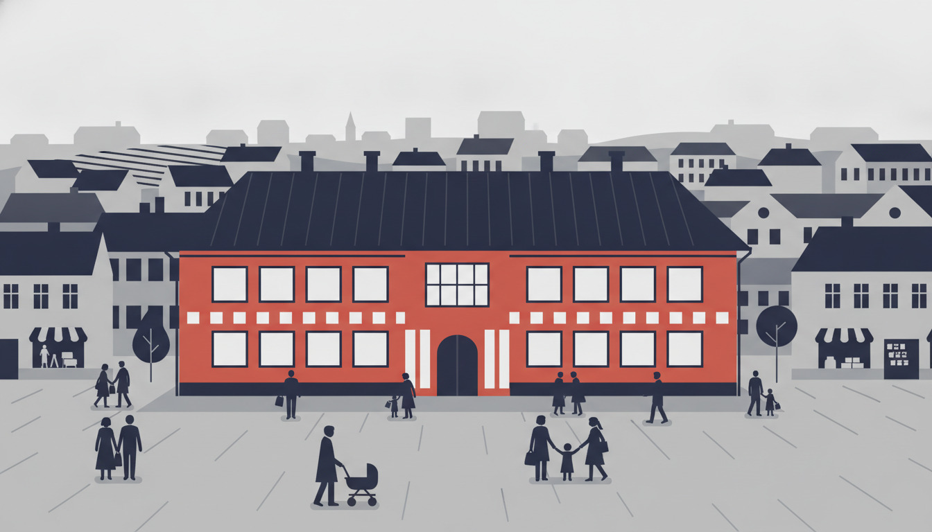 Flad vektorillustration af Nyborg Kommunes rådhus: en fremtrædende rødt-muret bygning med symmetriske vinduer, mørkt tag og central indgang på et torv. Borgere i forskellige aldre bevæger sig rundt på pladsene; beboelsesbygninger og bylandskab i baggrunden antyder et lokalt dansk samfundscenter.