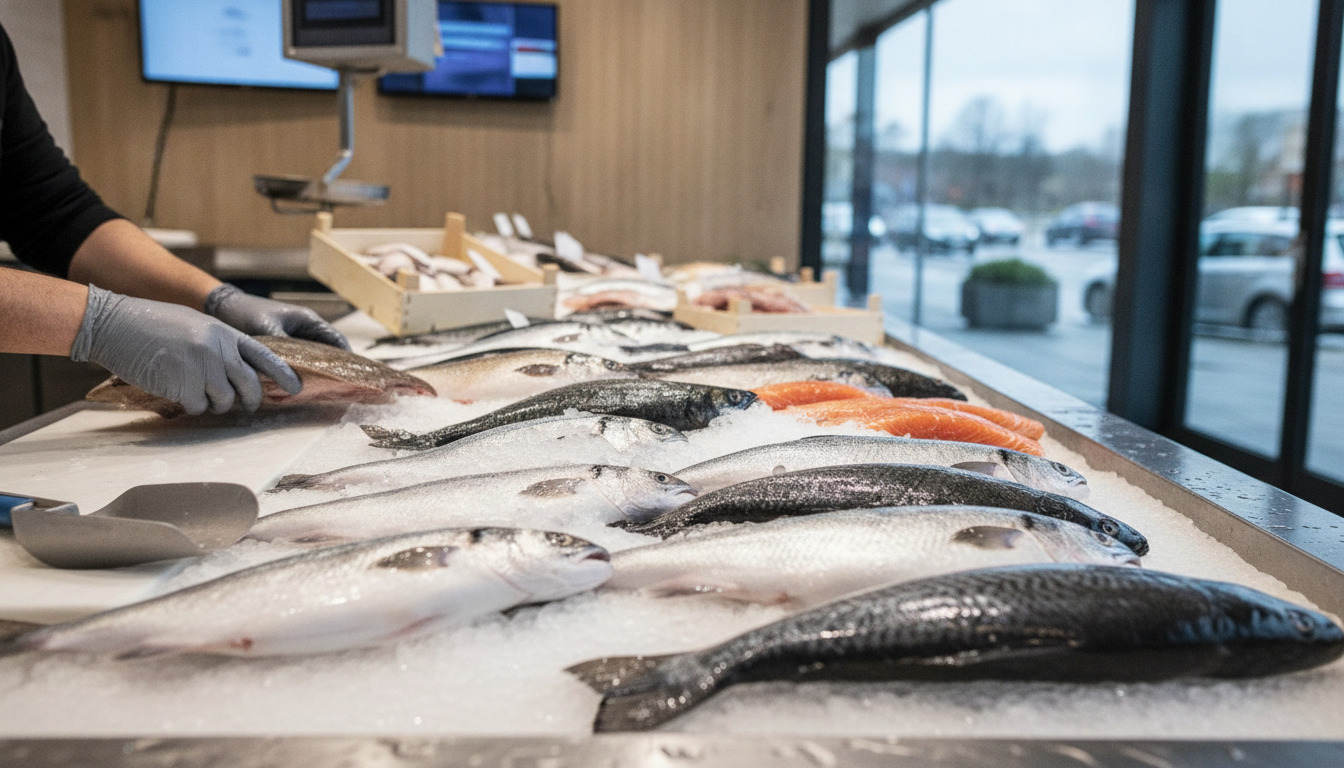 Tætbillede af friske fisk på is med hånd i handsker, der ordner dem på disk på fiskemarked.