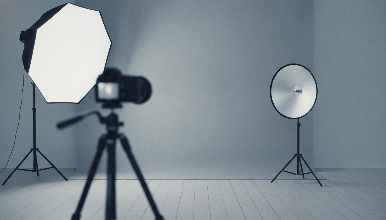 Professionelt fotostudio med studiokamera på stativ, softbox-lys og reflektorer mod neutral baggrund.