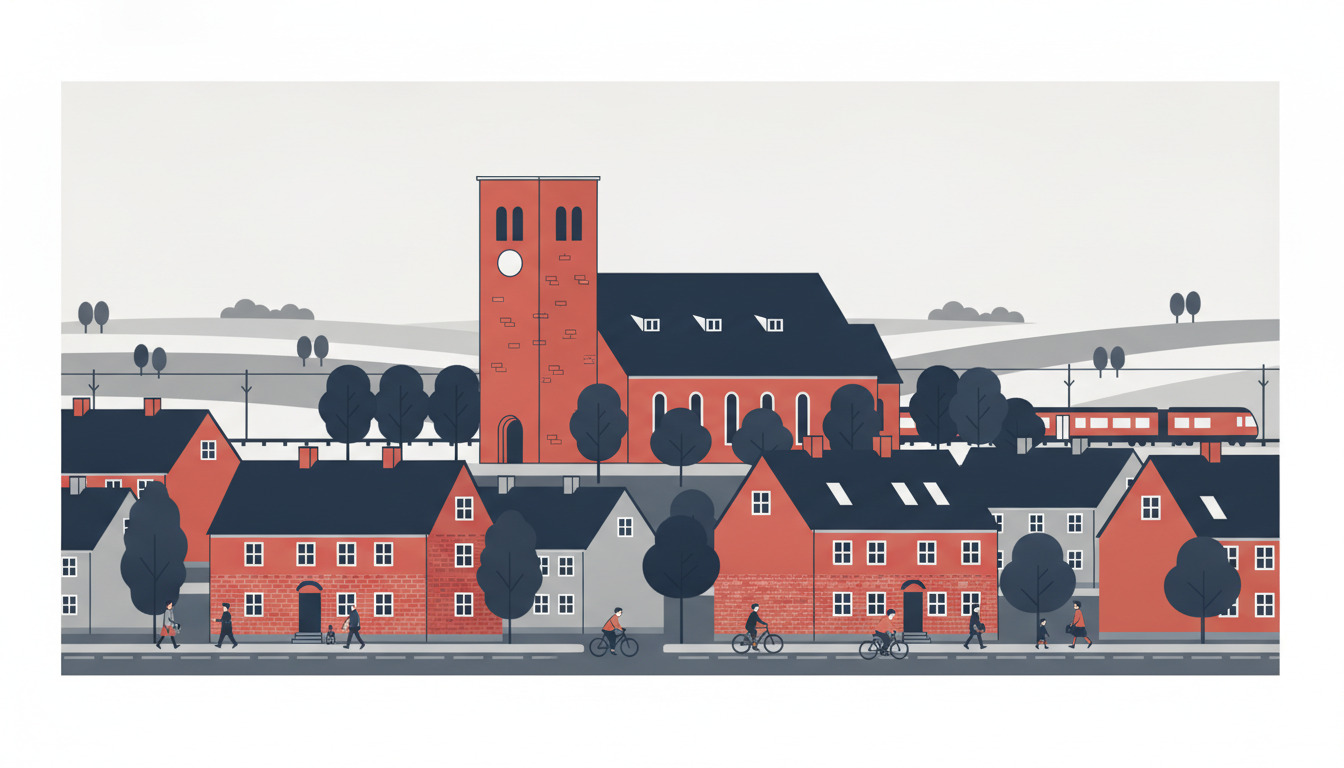Flad vektorillustration af Dianalund med en rødsten kirke med høj tårn, boligbygninger, træ-kantede gader, cyklister, et jernbanetog og blidt bølgende dansk landsbykulisse under en bleg himmel.