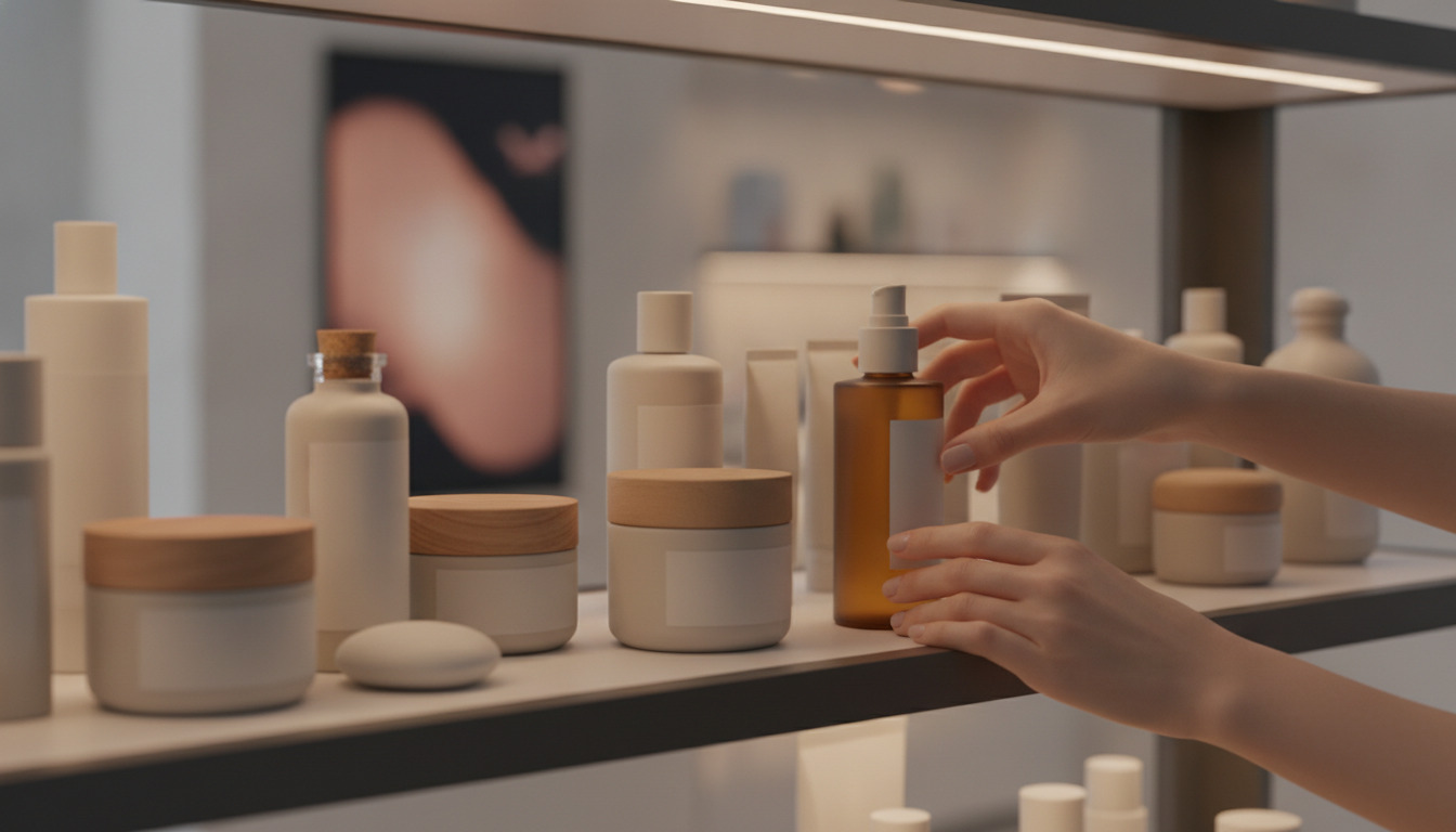 Hænder når efter en kosmetikflaske blandt ubranded beauty- og hudplejeprodukter på en tæt opstillingen.