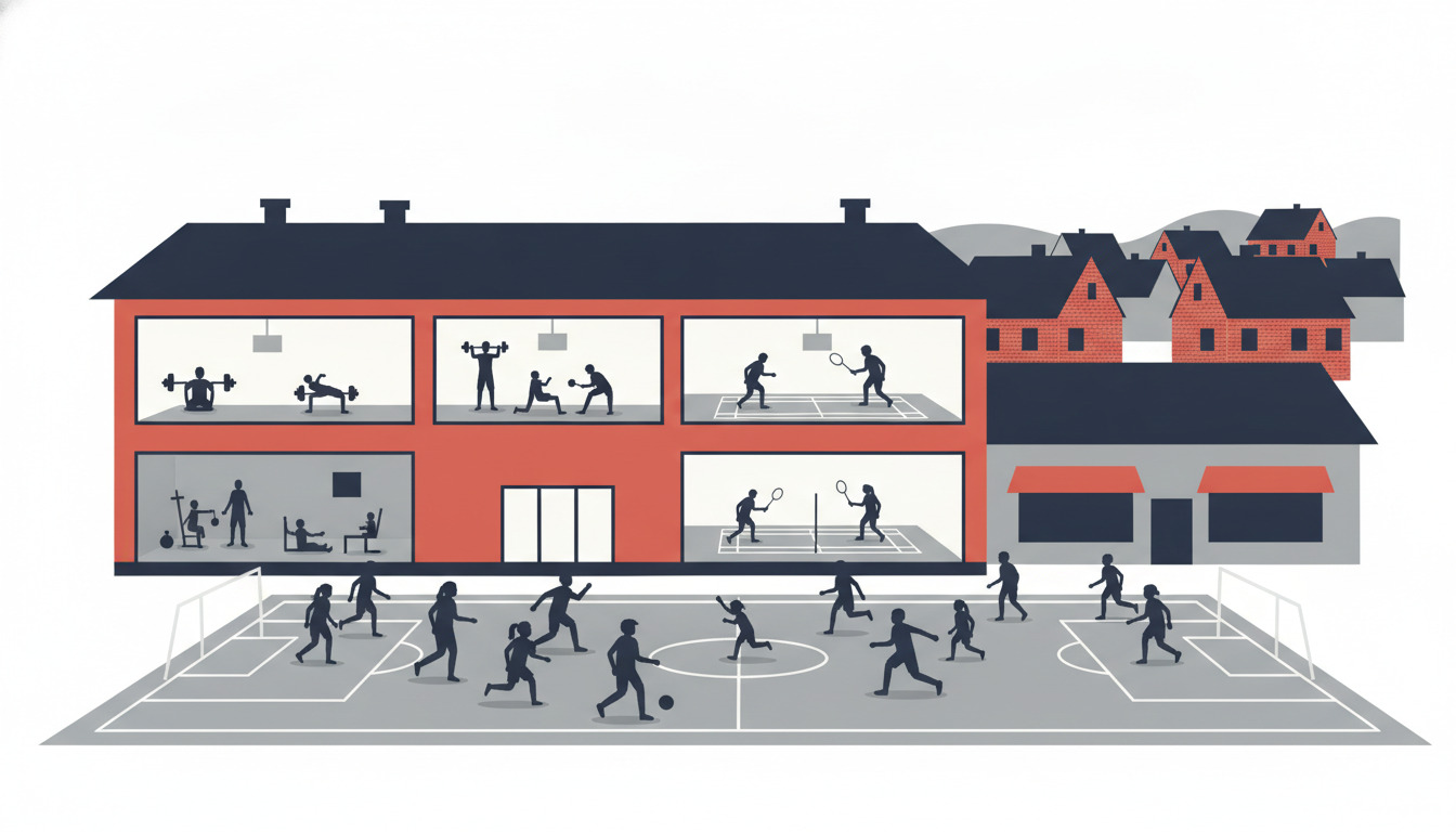 Fladt vektorillustration af Ejstrupholm sporthall med rødt mursten-facade, store vinduer som viser indendørs fitness- og badmintonaktiviteter, udendørs fodboldplads med spillere og boligtagene i baggrunden.
