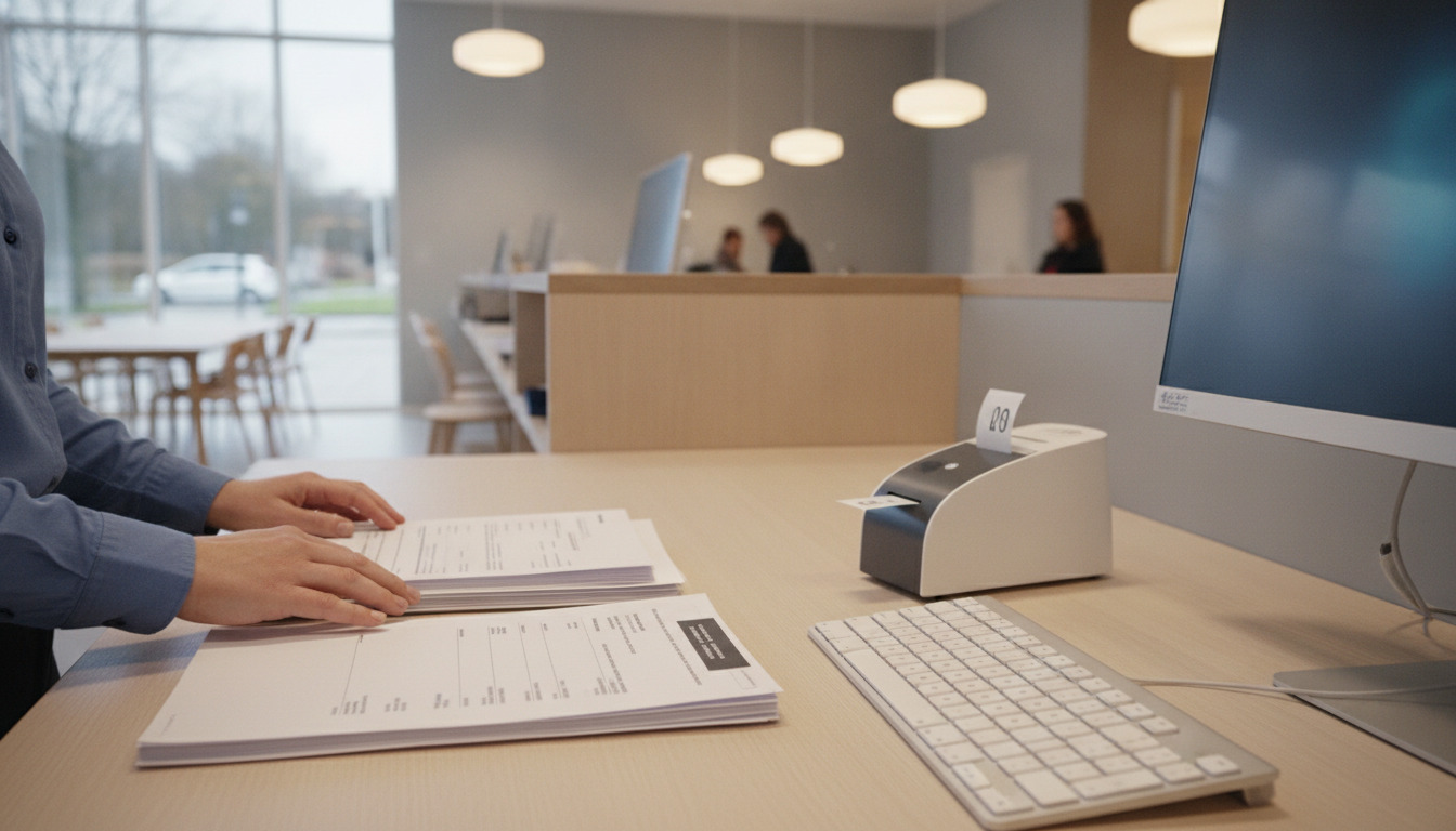 Hænder på en kontorskranke arbejder med papirer ved siden af en computertastatur og nummerbillet-dispenser.