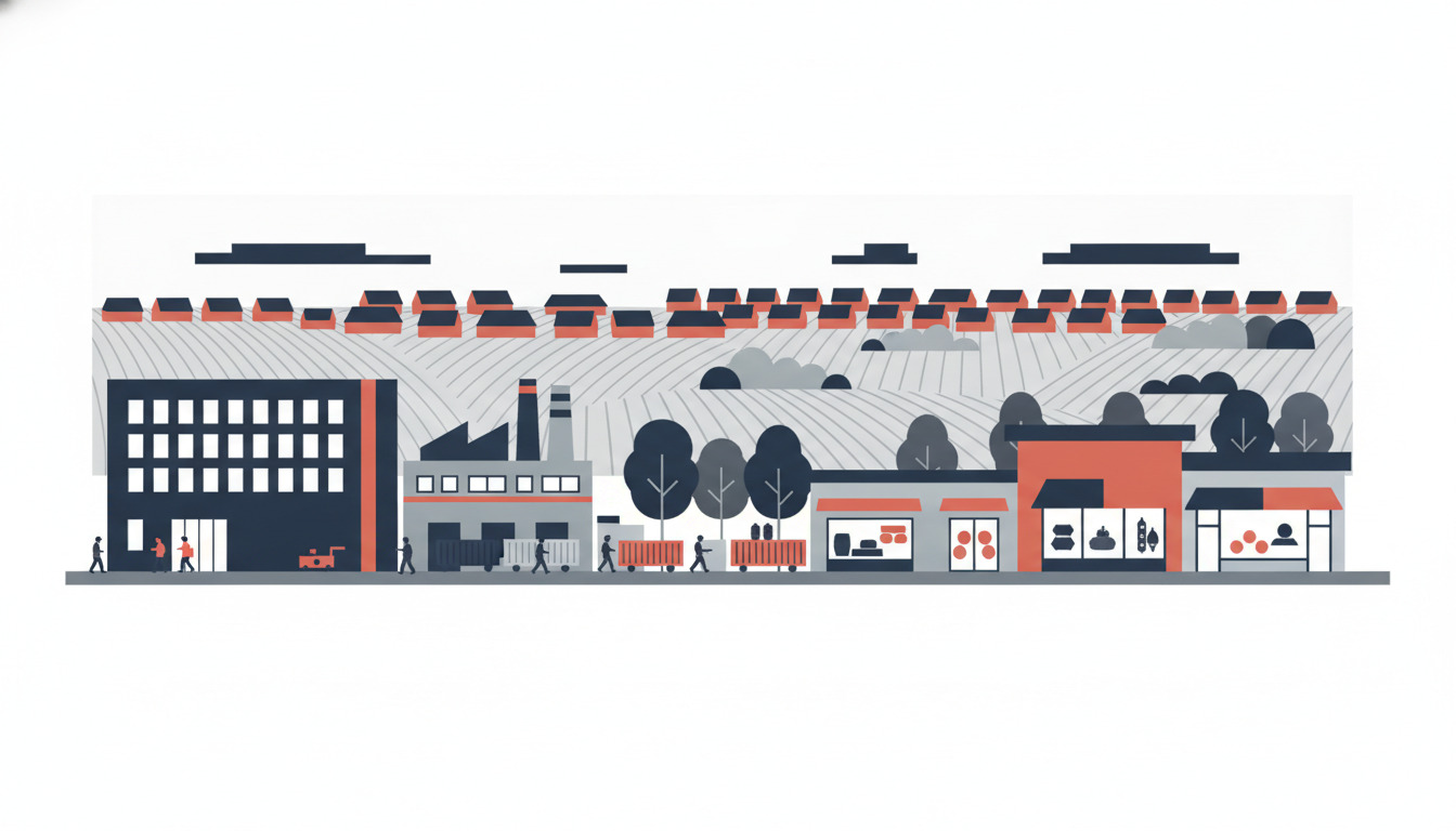 Flad vektorillustration af Ikast-Brande byScene med moderne kontorbygning, industrielle facilit, arbejdere, butikker, træer og boligtagkonstruktioner spredt ud over Jyllands kuperede landskab under lyshimmel.