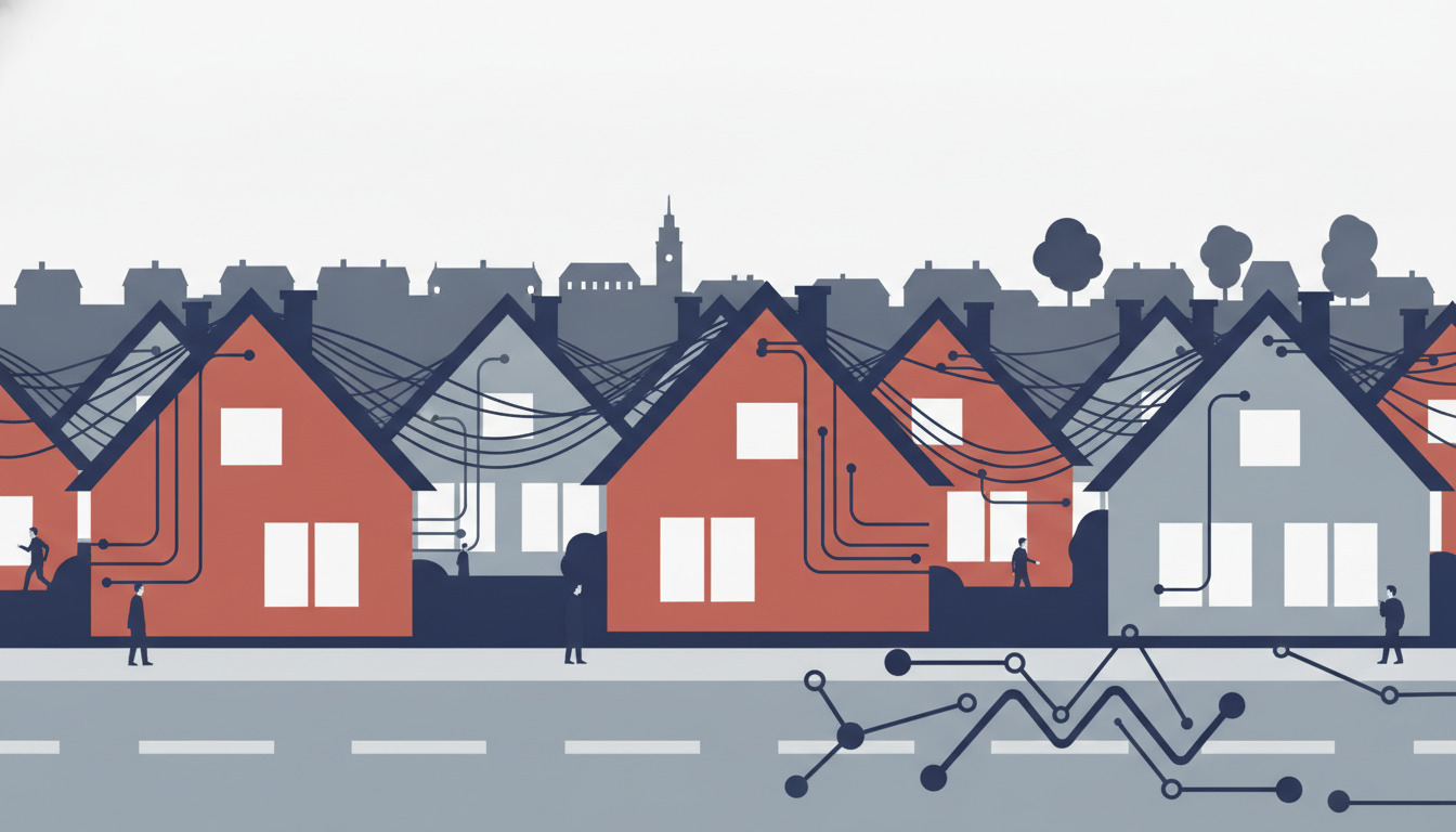 Moderne boligkvarter i Fredericia med røde og grå huse forbundet af fiberkablerne på tage, digitale netværksknudepunkter i forgrunden symboliserer fibernettet.