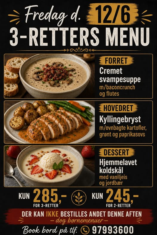 Vesløs Kro viser 3-rettersmenuen for fredag den 12/6