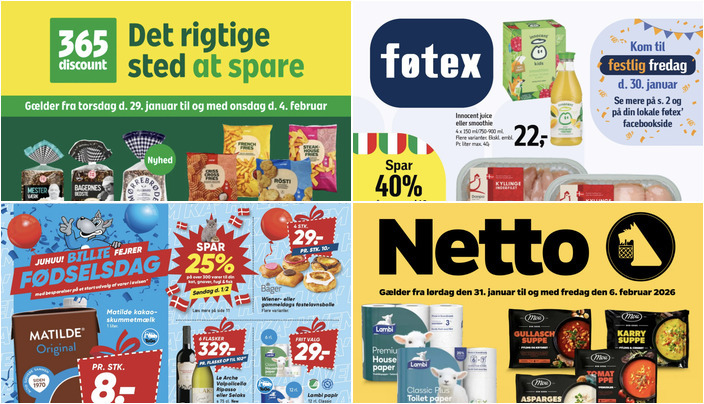Bilka tilbyder Matilde kakaoskummetmælk til 8 kr. og Netto har Mou specialsuppe til kun 20 kr.