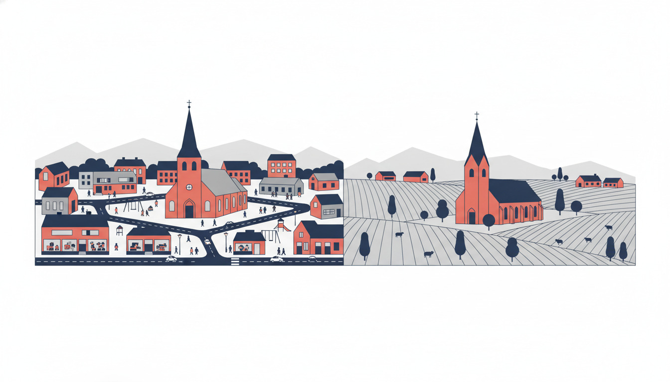 Flad vektorillustration af to danske kirker: Billund Kirke (til venstre, orange teglsten med høj spir i bycentrum) og Grene Kirke (til højre, orange teglsten med spir i ruralt hedeområde med landbrugsmønstre).