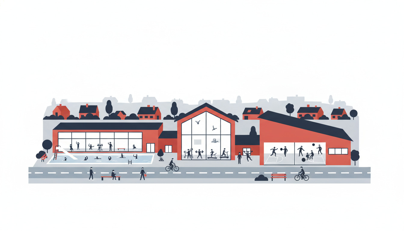Farverig fladvektor-illustration af Brædstrup fritidscenter med svømmehal, gymnastiksal og idrætshal med store vinduer, mennesker der træner og boligtagtage i baggrunden.