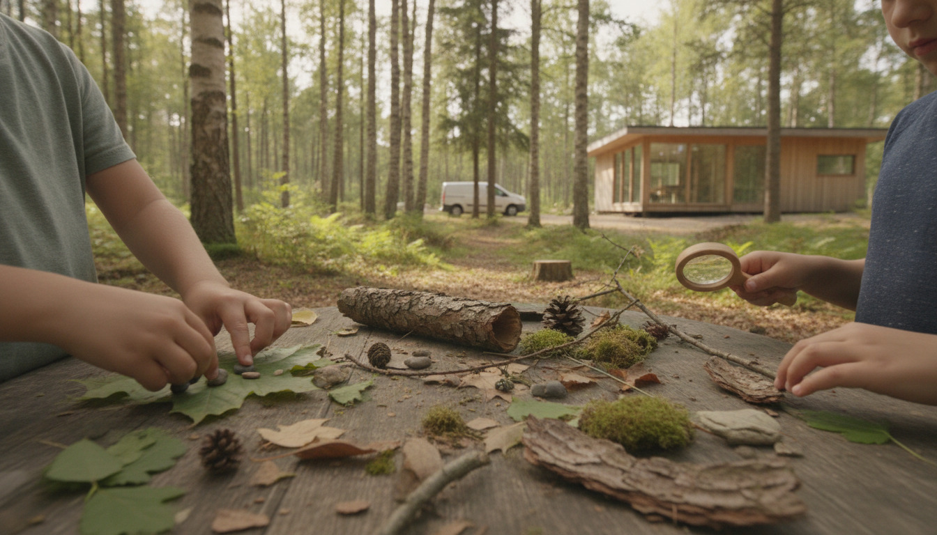 Børnehænder udforsker naturmaterialer som bark og blade i skovbunden under friluftslæring.