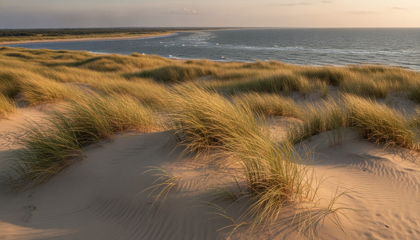 Nærbillede af gullig sand med strandrug og marehalm i varmt lys. Generisk strandsyv uden identifikation af specifikt sted.