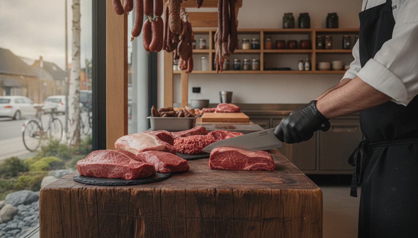 Slagterens hænder skærer rødt kød på træblok; frisk charcuterie hænger i baggrunden.