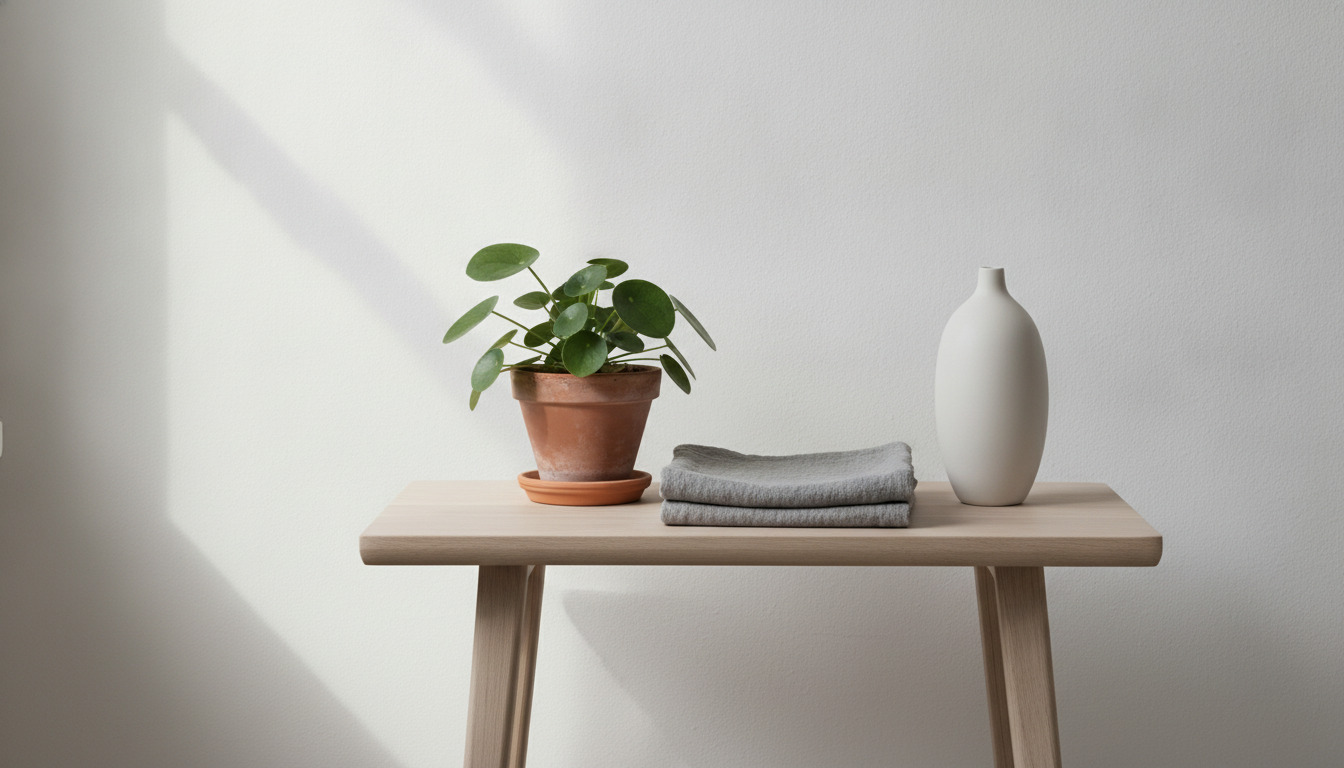 Minimalistisk indretning med træbord, pottet plante, grå tekstil og hvid keramik vase i nordisk dagslys.