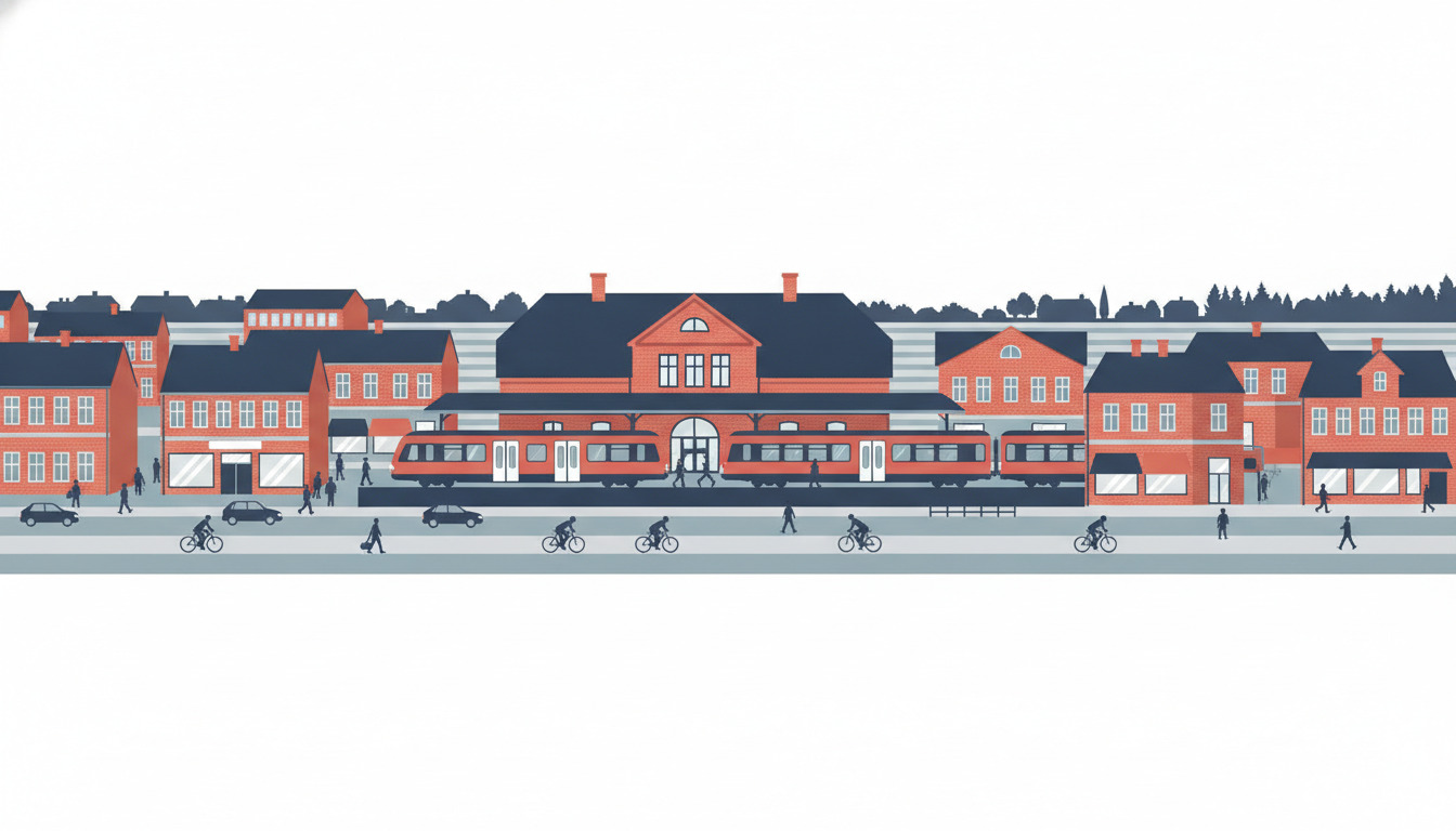 En flad vektorillustration af Bording stationsby med en rødbrick historisk jernbanestationsbygning, tog ved perron, omkransende byhuse, aktivitet på gadeplan med cyklister, fodgængere og parkerede biler langs en travl gade.